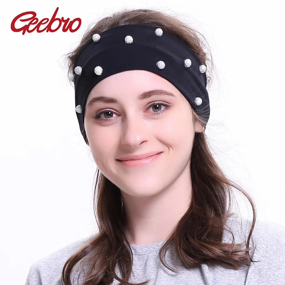 

Geebro Women's Pearls Rhinestones Headband Fashion Cotton Flat Headbands for Girls Female Hair Band Spa Turban Wrap DQ579A