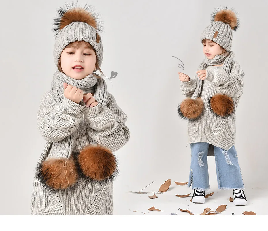 FURTALK Kids Winter Warm Chunky Thick Knit Beanie Hats and Scarves Real Fur Pompom Hat Scarf Set for Child Ages 2-10