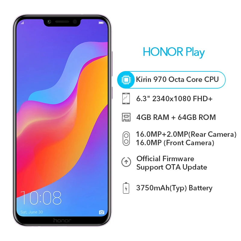 Оригинал huawei Honor Play 4 Гб 64 Kirin 970 Восьмиядерный 6 3 &quot2340x1080 P задний 16 Мп фронтальная