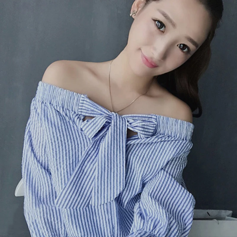 Новая модная летняя Осенняя Сексуальная Блузка с вырезом лодочкой и бантом