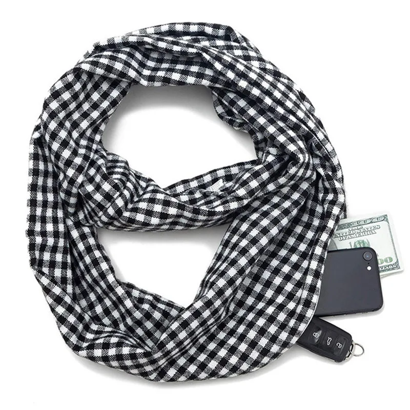 

2019 новый дизайнерский клетчатый шарф с карманом, Женский конверт, потайной карман с молнией, бесконечный шейный платок, шарфы