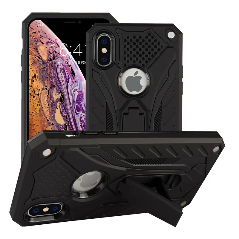 Черный Hybird TPU+ PC пластиковый двойной армированный чехол с подставкой для iPhone XS Max X XR 5 5S SE 6 S 6 S 7 8 Plus 6Plus 7Plus 8 Plus задняя крышка - Цвет: Черный