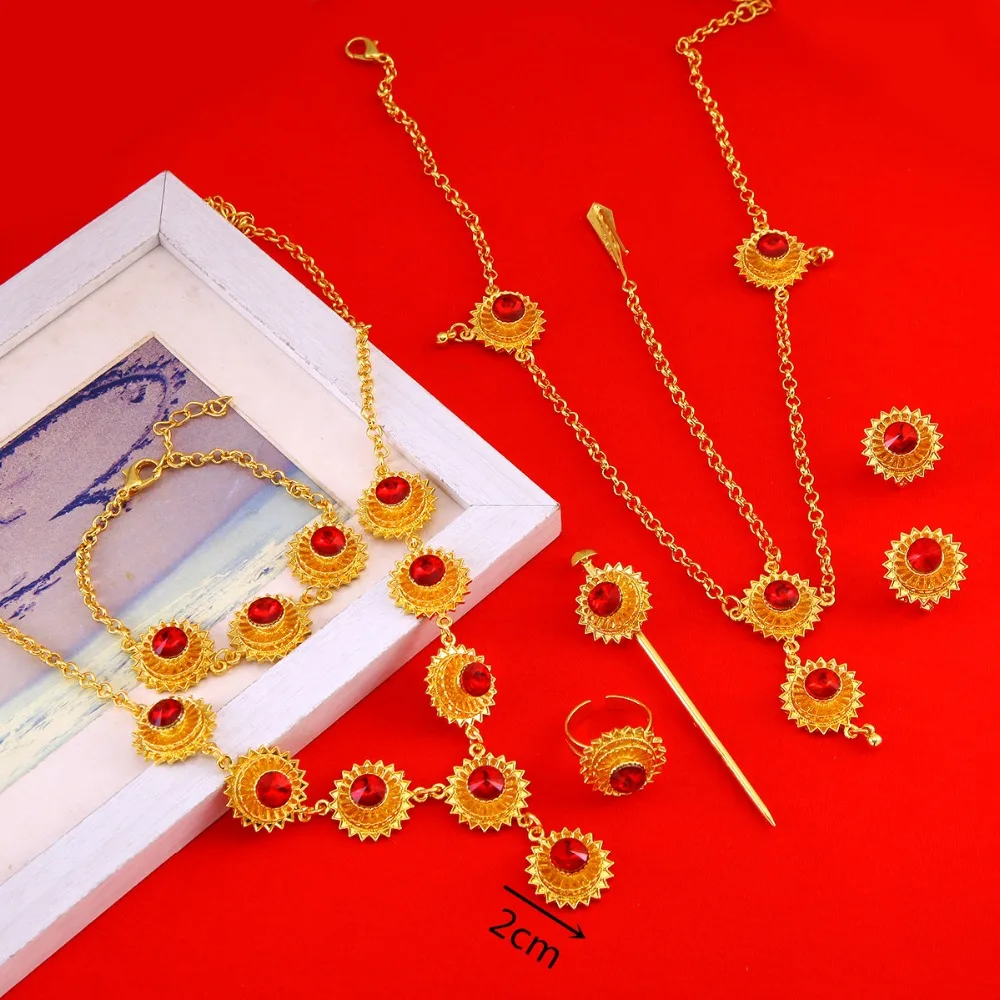 Ethiopian African Wedding New Cross Necklace Earrings Ring Bracelet Hairpin Hair Chain Accessory Jewelry Sets | Украшения и