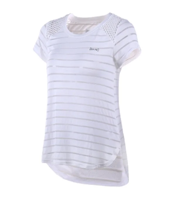 Одежда для фитнеса, спортивная одежда для спортзала, женская футболка, спортивный топ для йоги, быстросохнущая футболка для бега, одежда для спортзала, Спортивная рубашка, сетчатая, в полоску - Цвет: Белый