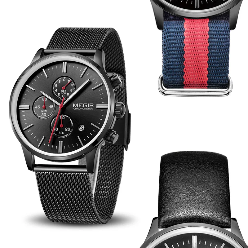 MEGIR Хронограф Спортивные часы Для мужчин с 2 дополнительных ремни DIY большой