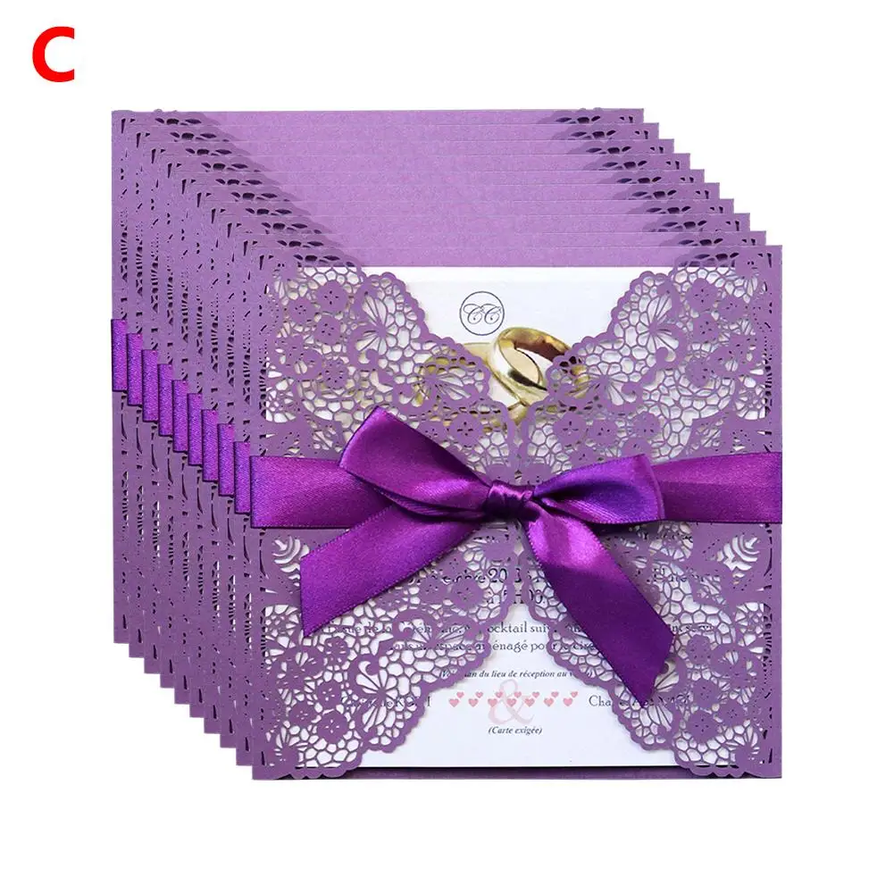 Purple 10 шт. дизайн цветок лук лазерная резка, для свадьбы Пригласительные открытки на заказ Whtie Западный Ковбой Тип Кружева пригласите - Цвет: Purple