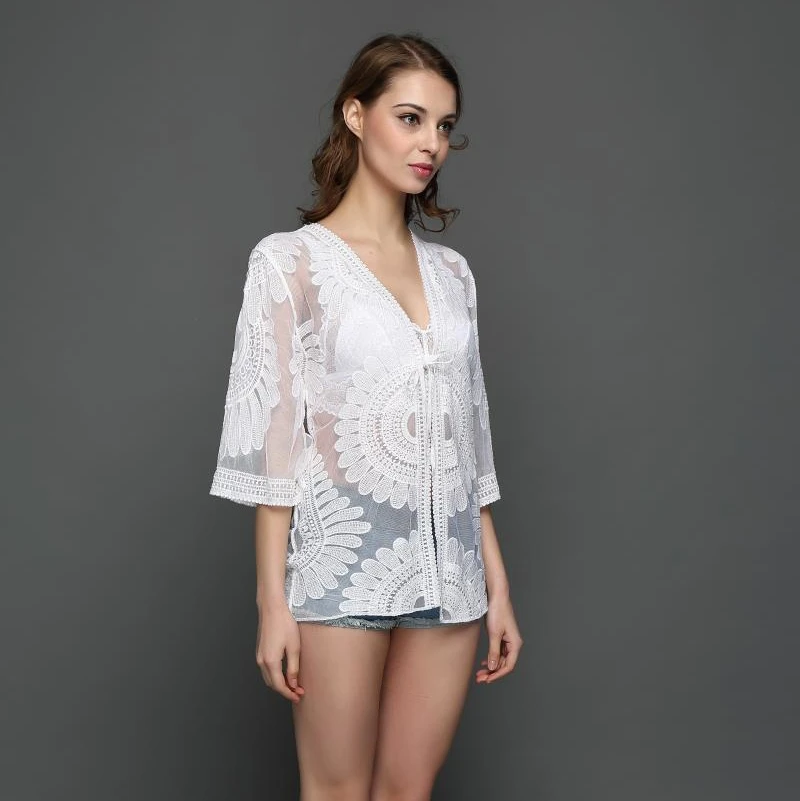 H. SA 2017 Летнее Кимоно Кардиганы Выдалбливают Цветы Вышивка Повседневная Blusa