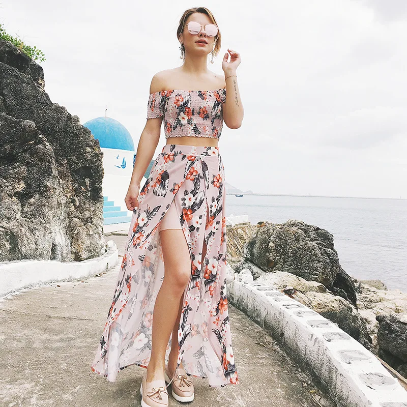 Женское длинное платье с цветочным принтом привлекательное пляжное из двух
