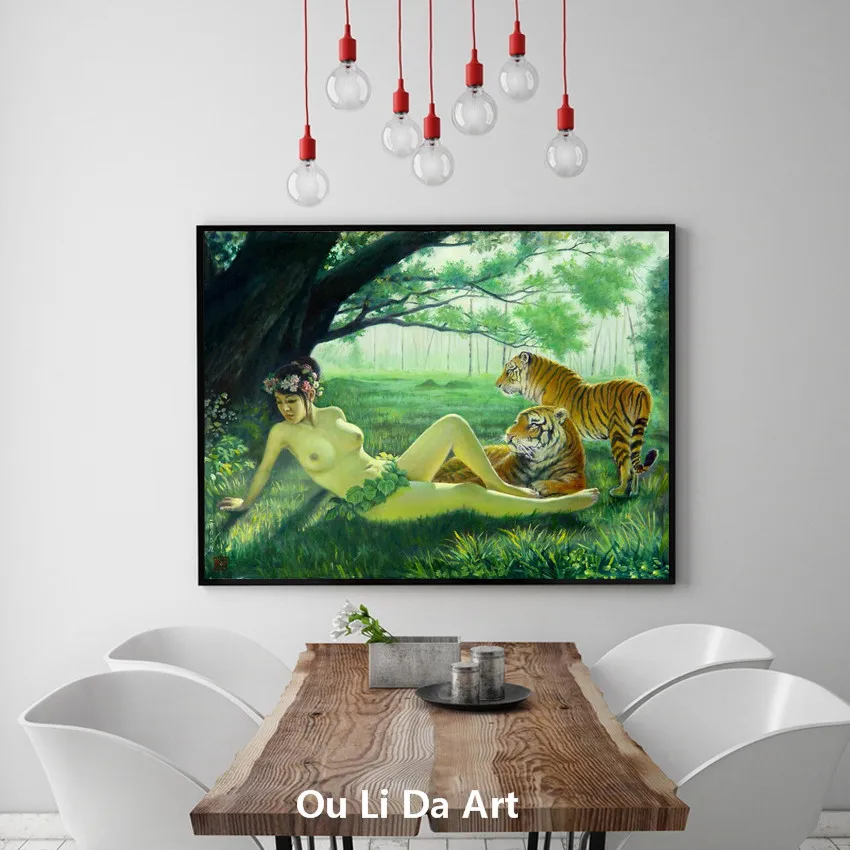 Изображение китайский цветок девушка обнаженное искусство тигр Масляные