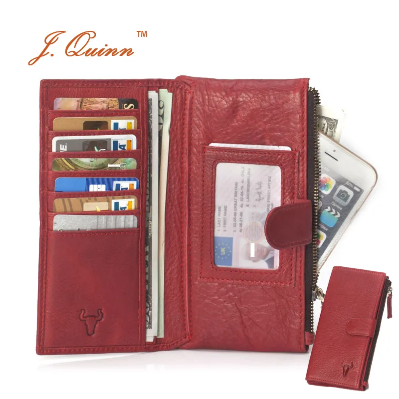 

J.Quinn Red Women Hasp Long Wallets with Zipper Pocket Credit Card Dollar Genuine Leather Wallet Purse for Womens Lady Cute Case