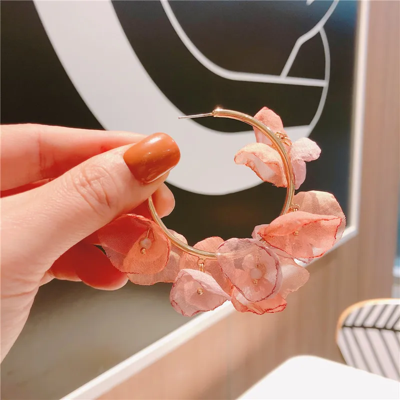 pink 3 цвета, шифоновые серьги-кольца в виде лепестков цветов для женщин, новинка, женские серьги в богемном стиле, для пляжного отдыха, массивные круглые серьги - Окраска металла: pink