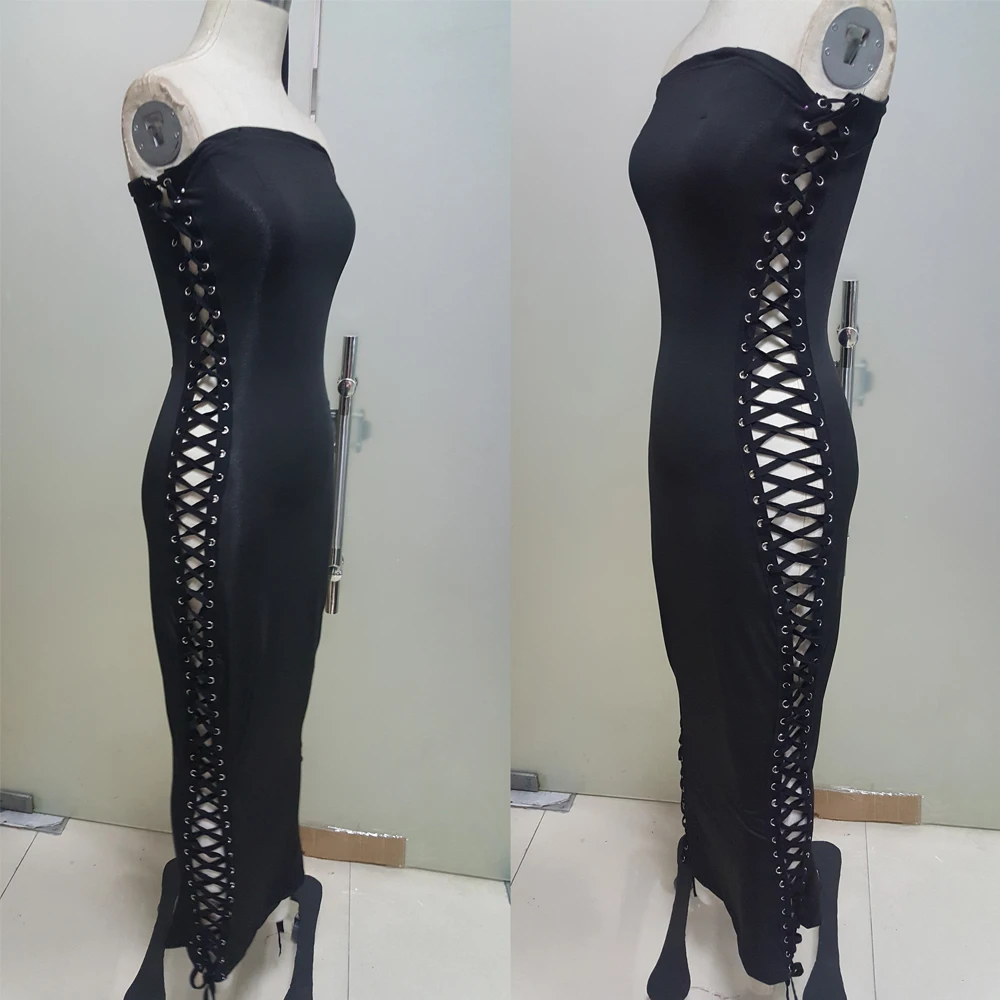 Летнее женское сексуальное платье макси на шнуровке черное готическое длинное