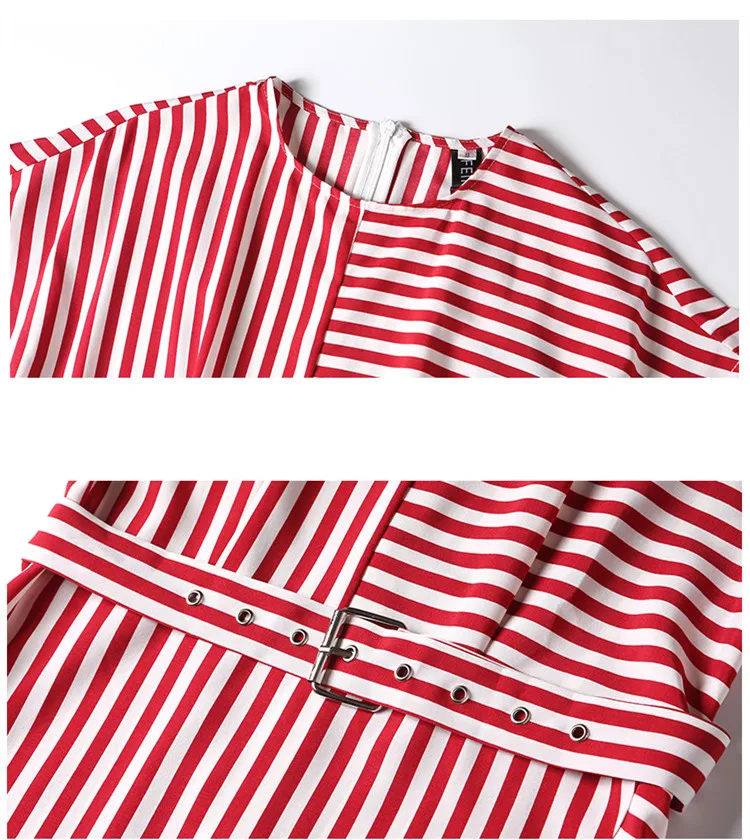 Dropped Shoulder Sleeve Asymmetric Shirt Dress Summer Vintage Office Lady Sashes Red Striped Print Casual Midi Party Dress