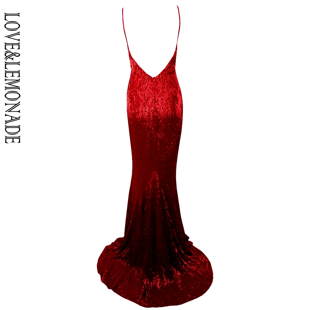 

LOVE & LEMONADE Red Elastic Sequin Exposed Back Long Dress LM80119