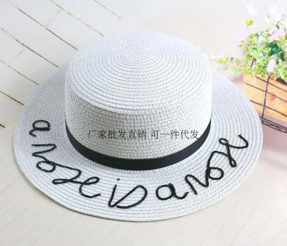 

2017 new women straw summer wide brim fedora customized letter sun hat floppy ribbon fashion beach hat