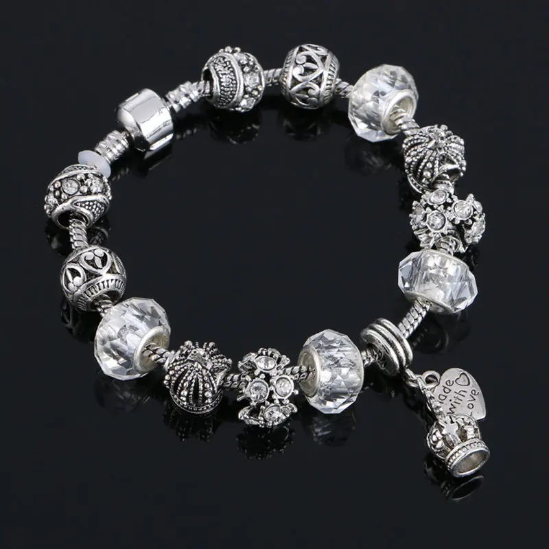 2017 Couleur Argent Charme Verre браслеты Pour Les Femmes Cristal Coeur Perles и DIY Bijoux|perle bracelet|bracelets & banglesbracelet diy |