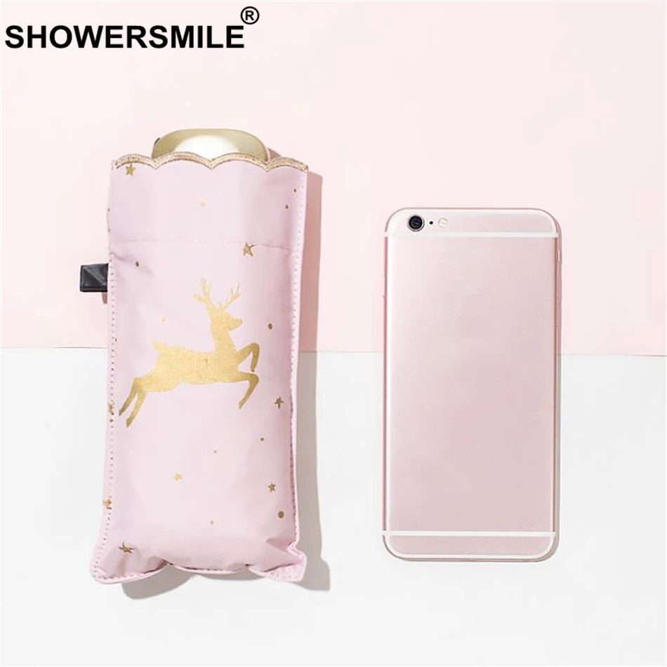Мини зонт SHOWERSMILE женский складной маленький розовый Карманный Зонт с УФ защитой