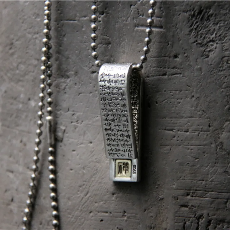 

Beautiful 925 Sterling Silver Carved Buddhism Words Strip Heart Sutra Lucky Pendant For Fashion Jewelry Necklace