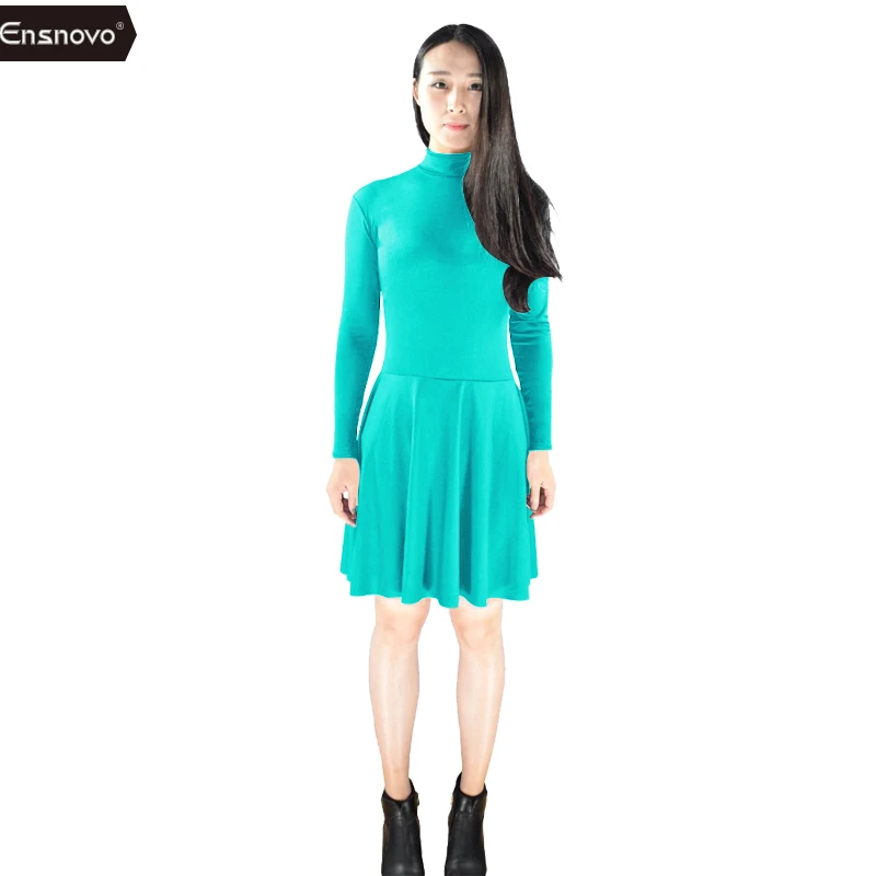 Mint Blue Ensnovo, женские платья для катания на коньках из лайкры и спандекса с длинным рукавом и черепаховым вырезом, черные танцевальные купальники с молнией сзади - Цвет: Mint Blue