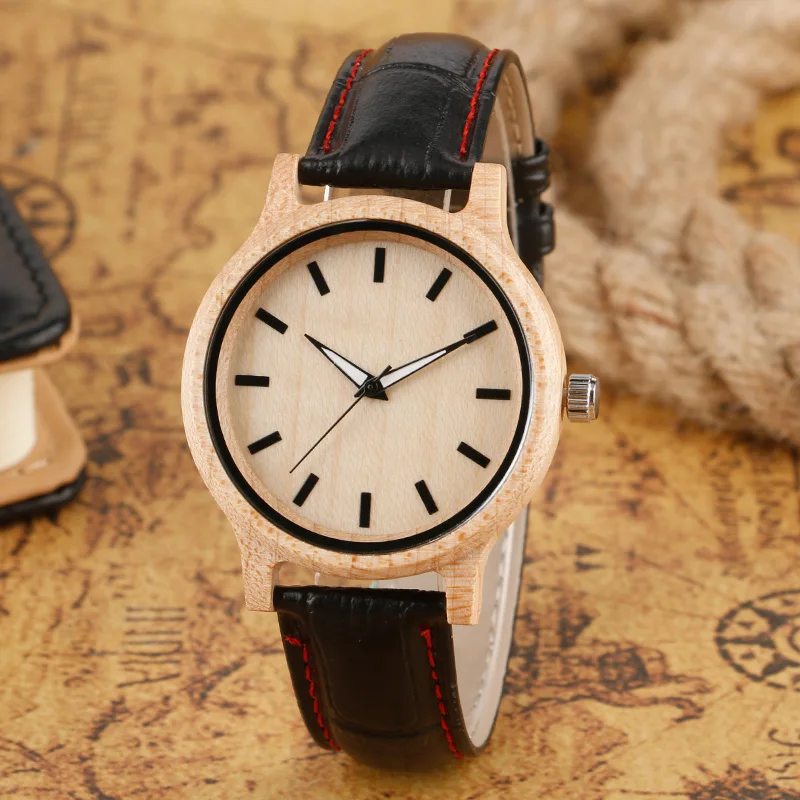 Классические дизайнерские мужские кварцевые деревянные часы с черным ремешком