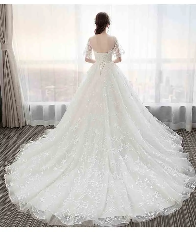 Large Size 6XL Deluxe White Bridal Wedding Trailing Dress Short-Sleeve Ball Gown Evening Party Dress For Lady Plus Size 5XL 3XL
