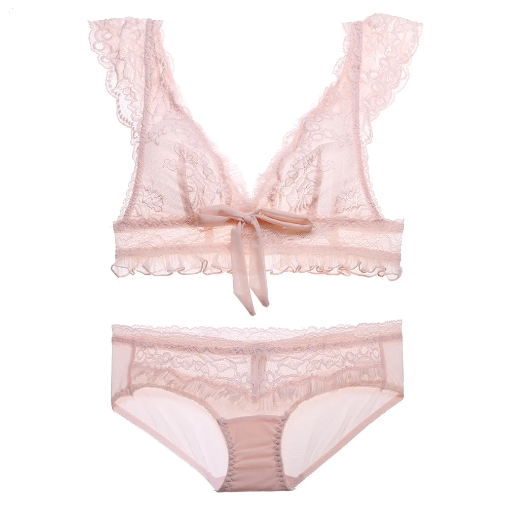 France Lovely Flounce Crop Style Bra Set Pink Seamless Embroidery Sexy Bralette Erotic Lingerie Transparent Underwear | Женская одежда