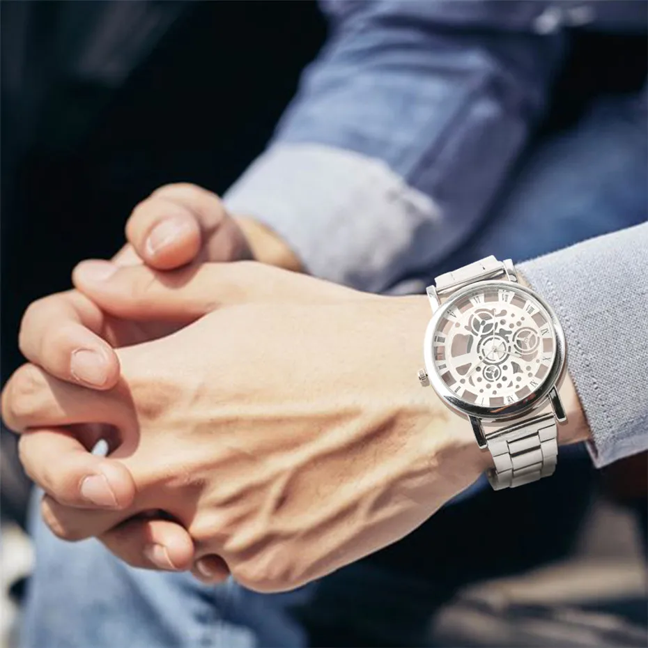 

Fashion Stainless Steel Band Analog Male Clock Golden/Silver Transparent Hollow Dial Quartz Men Wristwatch Casual Watches Man Gi