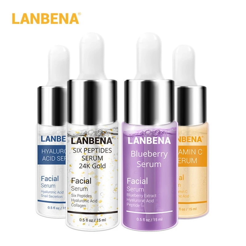 Set 1 LANBENA, 4 шт./лот, Черника+ Гиалуроновая кислота+ витамин С+ золото, шесть пептидов, сыворотка для лица, жидкое восстановление, омолаживающие пятна, уход за кожей - Вес нетто: Set 1