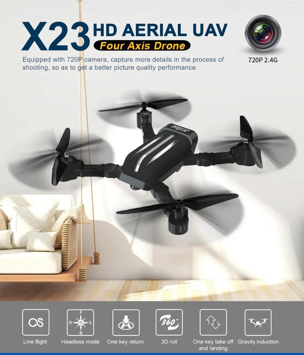 

Подарок для мальчика Детский Радиоуправляемый Дрон X23WiFi 720P200 с HD камерой 720P Радиоуправляемый Дрон с вращением на 360 градусов четырехосевой Б...