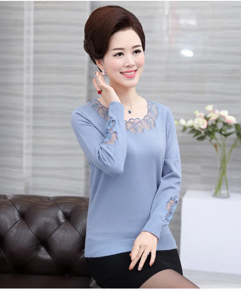 Spring Autumn New Middle-Aged Mother Pullover Sweater Fashion Lace Long Sleeves Sexy knitting Women X441 | Женская одежда