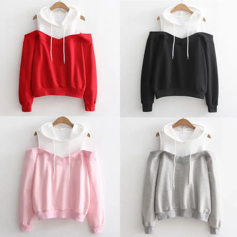 Spring Newest US Women's Long Sleeve Cold Active Shoulder Hoodie Sweatshirt Sweate Jumper Pullover | Женская одежда