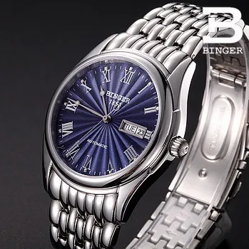Элегантные мужские solid steel моды личности авто Binger часы из белого золота синий