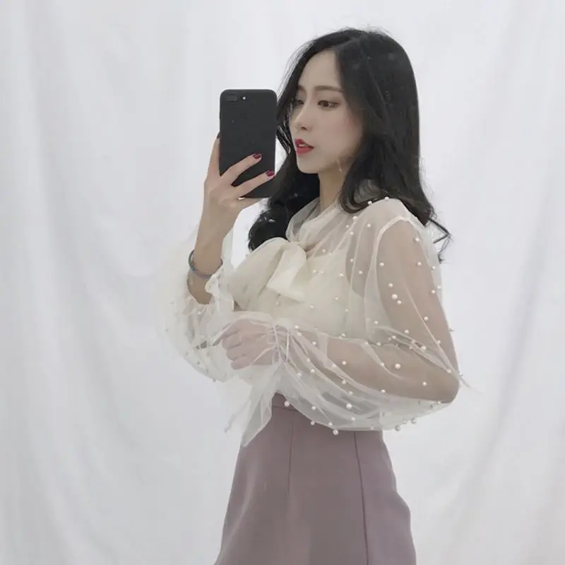 Блузка 2019 лето весна женская шифоновая рубашка марлевая с бантом Бисероплетение