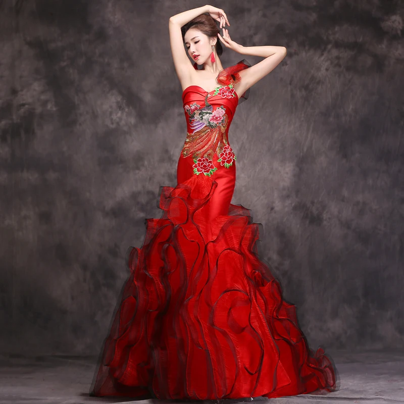 Красный женский китайский свадебный vestido женский сексуальный длинный Qi Pao рыбий хвост современный с новогодней елкой, бумажный платье для женщин Qipao