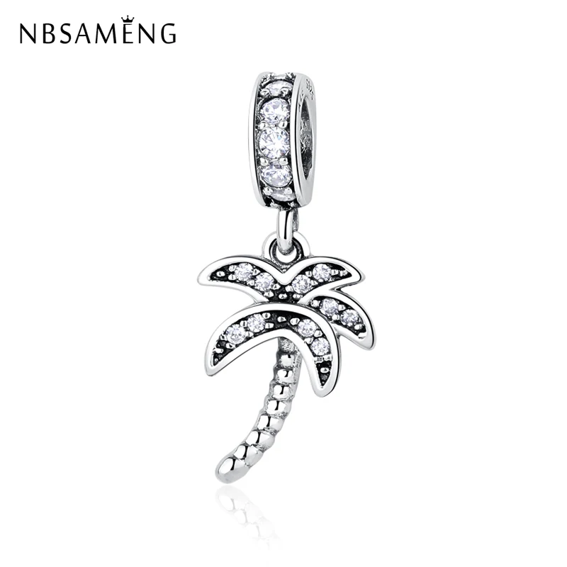 

New 100% 925 Sterling Silver Bead Charm Coconut Tree Pave CZ Pendant Charms Jewellery Fit Bracelets DIY Women Jewelry