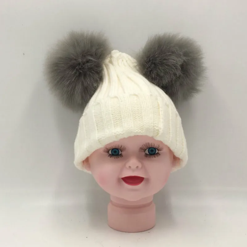 Которая в душе для маленьких девочек и мальчиков bobble вязаная зимняя шапка с двумя помпон, Верхняя теплая шапка с двойным меховым помпоном, детская шапочка