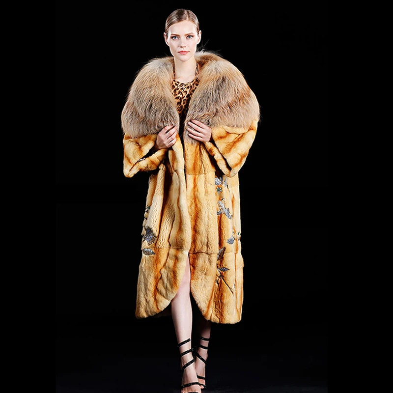 LVCHI 2019 Natural fur winter Long coat luxurious import Limited customization real mink Wild fox Collar Platinum grade fur coat