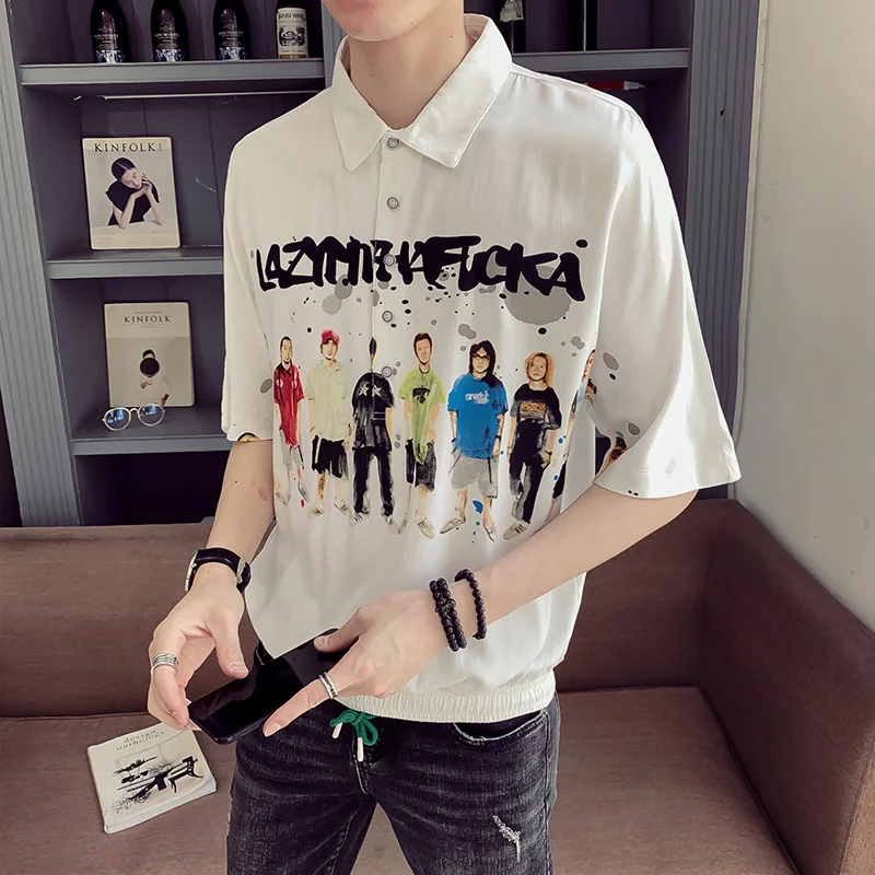 

M-XXL!!Tide brand personality cartoon characters print loose loose five-point sleeves tide male youth short-sleeved T-shirt.