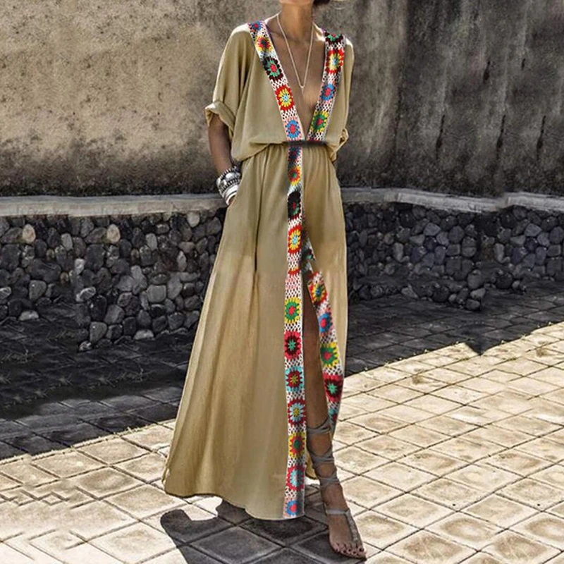 Летние длинные платья с разрезом женские повседневные сексуальные глубоким v