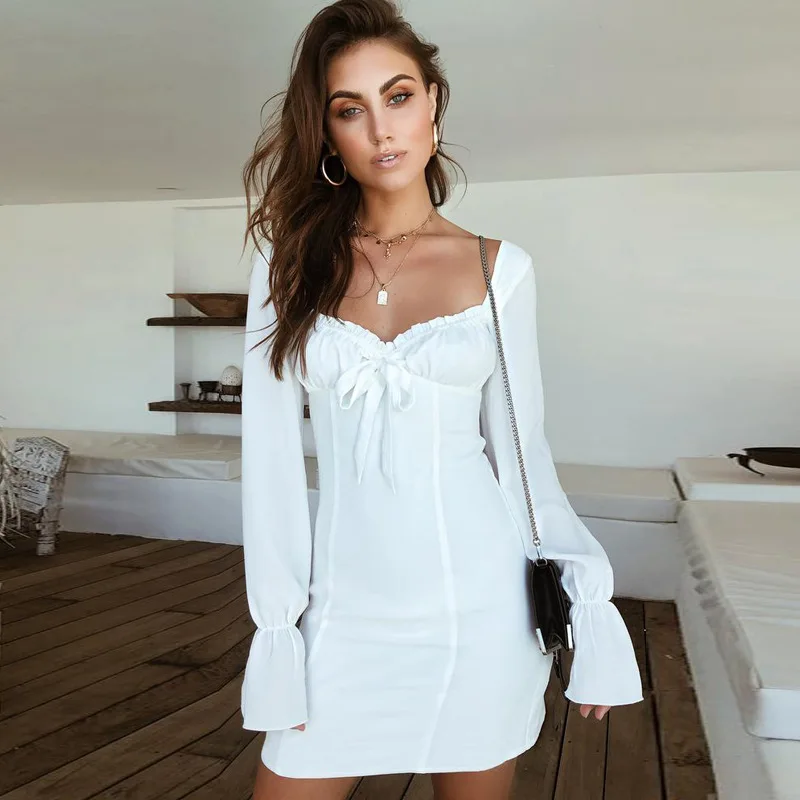 

Long Flare Sleeve V-neck Bandage Lace Up Sexy High Waist Dress Women Fashion Dresses 2019 Autumn