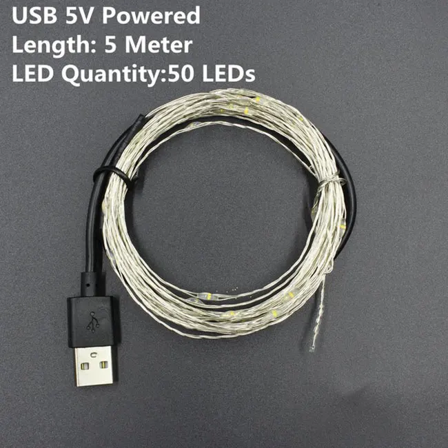 Светодиодный медный провод, батарея или управляемый через USB, Рождественское украшение для свадебной вечеринки, светодиодный светильник Guirlande Lumineuse - Испускаемый цвет: USB  5V  5M
