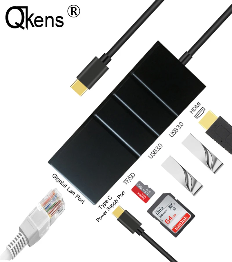 7 в 1 Тип C до 4K HD ТВ видео конвертер HDMI 1000 Мбит/с гигабитный Ethernet Lan кабель адаптер USB