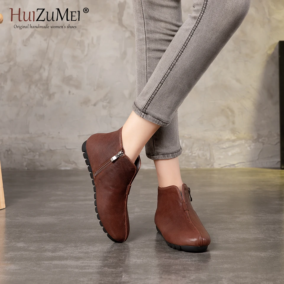 HUIZUMEI Genuine Leather Flat Shoes Plus Size Real Handmade Flats Loafers Female Solid Comfortable Casual Women Shoes. | Обувь