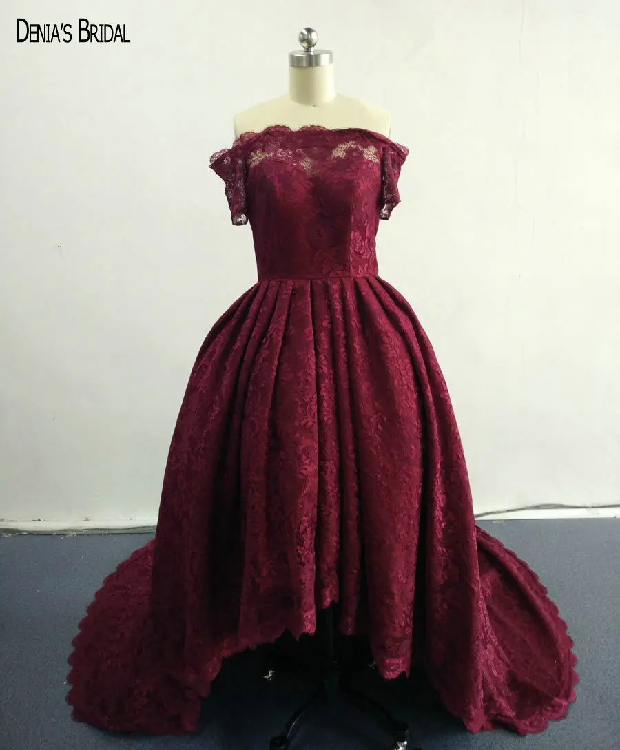 2017 Ball-Gown Wine Red Lace Evening Dresses with Boat Neckline Floor Length Sweep Train Party Prom Gowns | Свадьбы и торжества