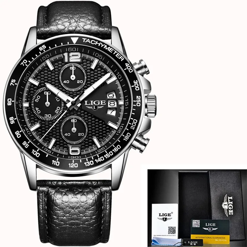 leather black LIGE, роскошные Брендовые мужские часы с шестью контактами, полностью из нержавеющей стали, военные спортивные кварцевые часы, мужские Модные повседневные деловые наручные часы - Цвет: leather black