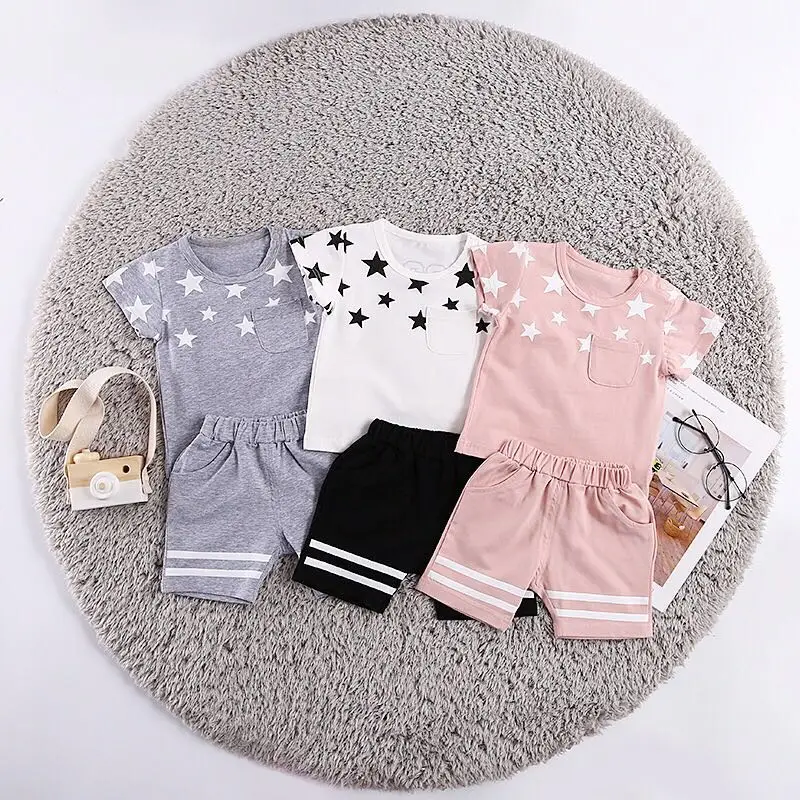 Free shipping 2018 summer children's wear star print stripes sports short sleeve T-shirt suit | Детская одежда и обувь