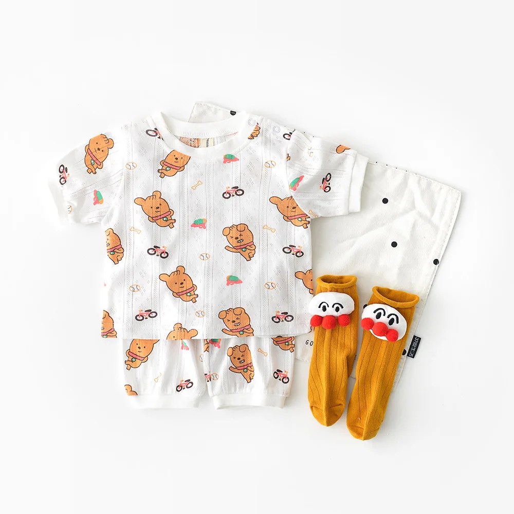 Baby Boys Cute Cartoon Two Pieces Sets Girl Kids Clothing Shoulder Button Home Short Sleeve Tops Summer Pants 2pcs Set | Детская одежда