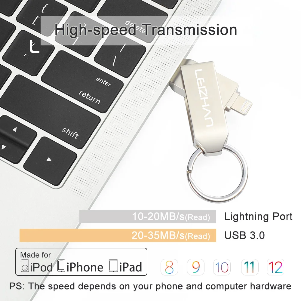 LEIZHAN 128 ГБ брелок USB флэш накопитель для iphone XR X 8 7 6s 5 металлический Lightning 3 0 Pen Drive 64 32