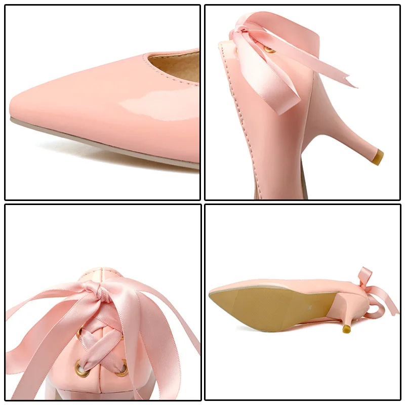 Phoentin cross tied stiletto shoes woman high heel point toe plus sizes 2019 women's pumps patent leather dress sexy FT250 | Обувь