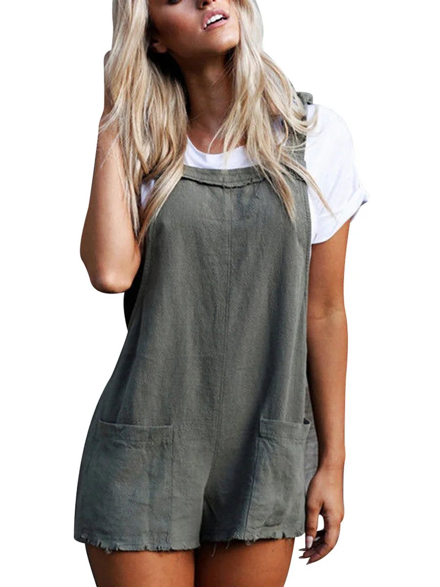 Модный женский свободный комбинезон с карманами без рукавов на бретелях